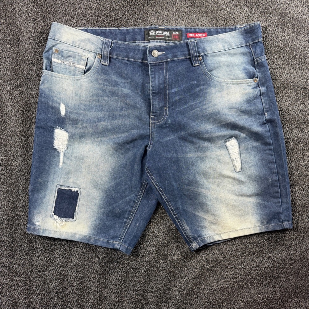 VTG Y2K Ecko Unltd Mens 40 Relaxed‎ Fit Distressed Denim Shorts Baggy Patchwork